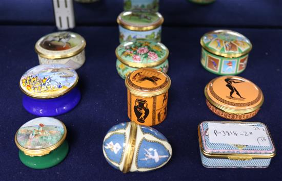 Ten assorted Halcyon Days Enamels boxes including a timepiece